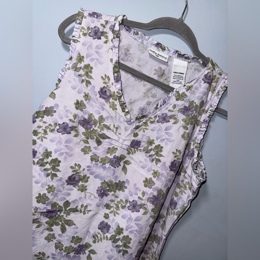 Kathy Ireland Floral Linen Vintage Shift Purple Midi V Neck Deadstock dress Larg - Picture 2 of 7